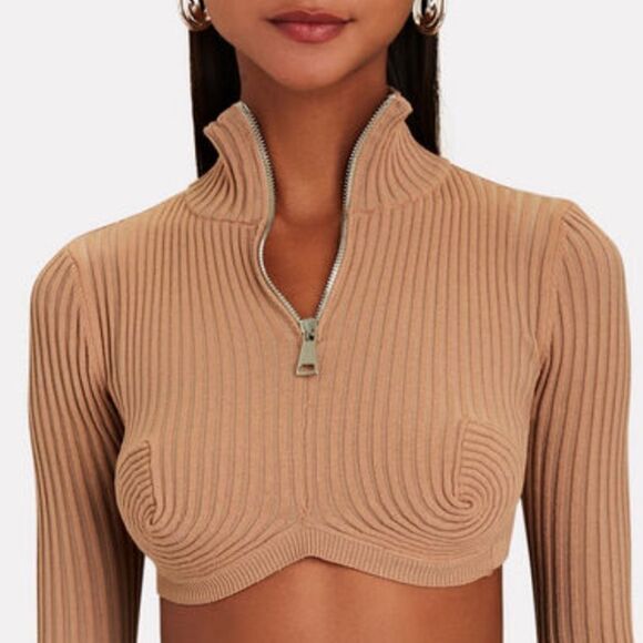 NWT Andrea Adamo Ribbed Knit Crop Top in Nude Medium - Picture 3 of 14